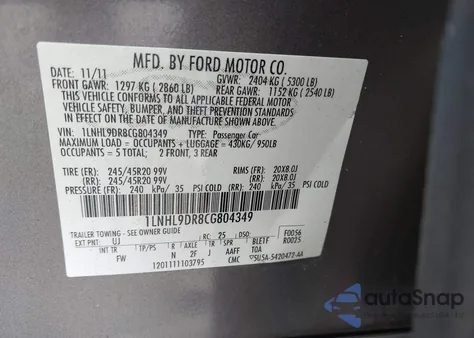 2012 Lincoln Mks z USA, uszkodzony, nr VIN 1LNHL9DR8CG804349